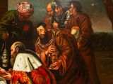 a painting of a group of people gathered around a man