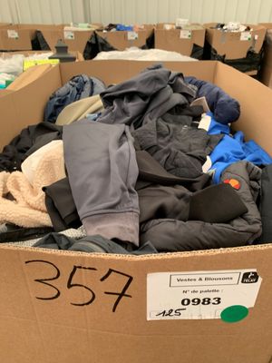 une boîte en carton remplie de vêtements dans une pièce