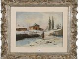 an image of a painting of a snowy landscape with a house in the background