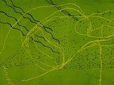 abstract painting of green and black lines and dots on a green background