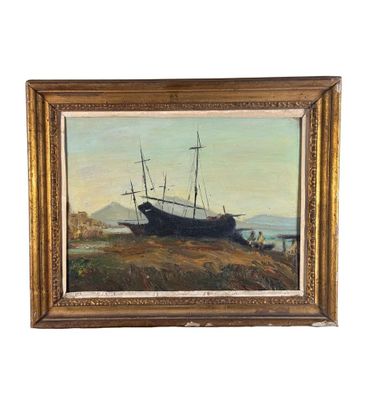 une peinture à l'huile représentant un bateau sur la rive, au bord d'un plan d'eau