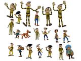many figurines of people dressed in striped clothes