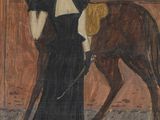 un tableau représentant une femme debout à côté d'un cheval