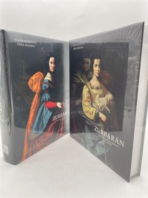the two books are open to show a painting of a woman and a man