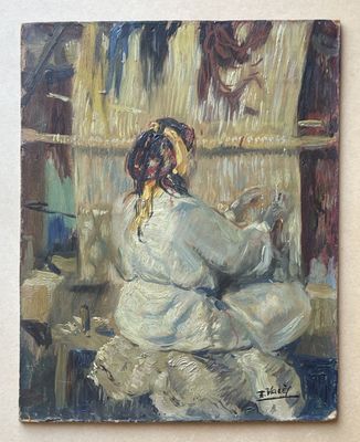 a painting of a woman sitting on a chair in front of a painting