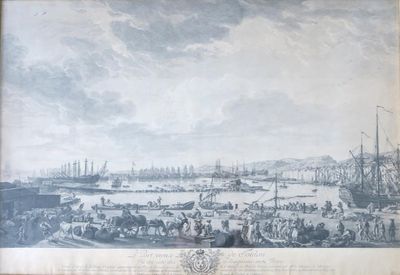 painting of a view of a harbor with ships in the water