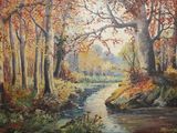 une peinture à l'huile représentant un ruisseau qui traverse une forêt regorgeant d'arbres