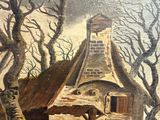 an oil painting of a house with a thatched roof surrounded by trees