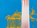 une image représentant une affiche bleue sur laquelle figurent une colonne et un bâtiment