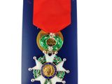 an image of a medal with a red ribbon on a blue background