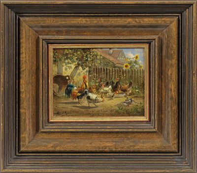 un tableau représentant une scène de ferme avec des poulets et des poulets