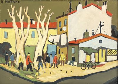 a painting of a street scene with people walking on the sidewalk