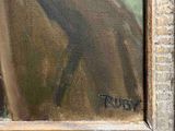 an oil painting of a brown horse with a black bridle on it ' s face
