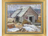 une peinture à l'huile représentant une grange avec un cheval dans la neige
