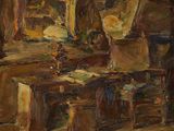 une peinture à l'huile représentant une pièce remplie de meubles et d'un miroir