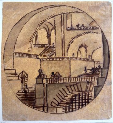 une image représentant un dessin d'un bâtiment avec des escaliers