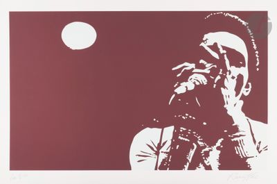 an image of a man with a hat and a microphone in front of a full moon