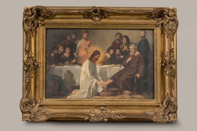 an image of a painting of a woman kneeling in front of a group of people