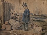 une peinture représentant un homme et une femme assis sur un banc
