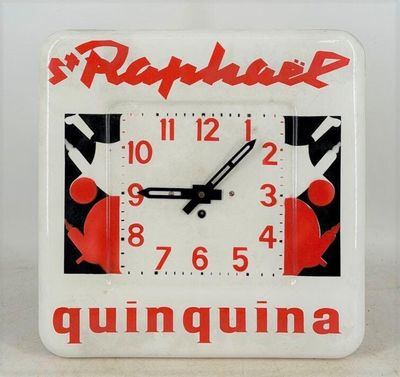 a square clock with a red and black design on it