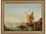 an oil painting of a boat in a body of water with a city in the background