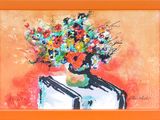 une peinture représentant un vase de fleurs sur une table