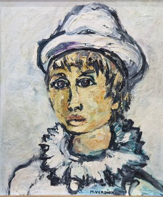 un tableau représentant une femme portant un chapeau blanc et une robe blanche