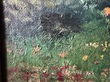 an oil painting of a field with flowers and trees in the background
