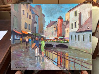 un tableau représentant des gens marchant dans la rue un jour de pluie