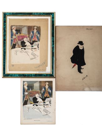 three framed drawings of a man in a hat and a woman in a dress