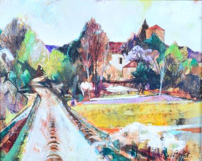 une peinture représentant une peinture d'une route sur laquelle se trouvent des moutons