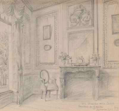 dessin représentant une pièce avec une cheminée et un fauteuil