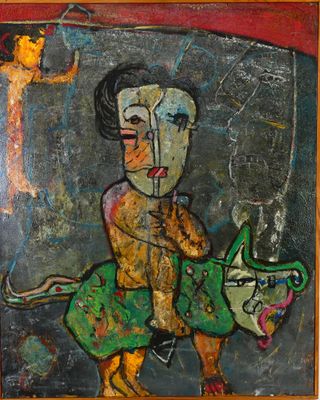 an image of a painting of a man riding a horse with a dog