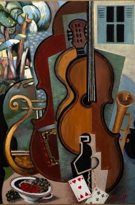 un tableau représentant un instrument de musique et une corbeille de fruits