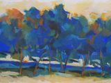 painting of a painting of trees in a field with water in the background