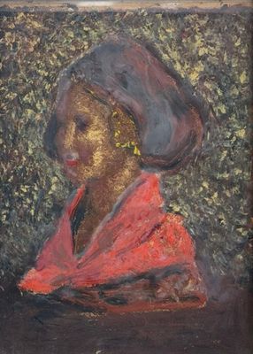 une peinture à l'huile représentant une femme vêtue d'une robe rouge et d'un chapeau noir