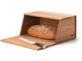 wooden bread box with bread and knife on top of it