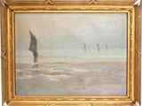 une peinture à l'huile représentant un voilier sur la plage, dans un cadre doré