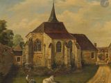 tableau représentant un cheval couché dans un champ, près d'une église