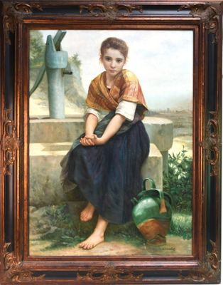 tableau représentant une jeune fille assise sur un rebord, tenant un arrosoir