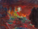 une image représentant un tableau d'une ville la nuit avec un ciel rouge