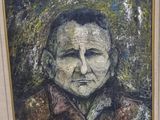 painting of a man in a brown jacket with his eyes closed
