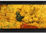 painting of yellow trees in a field with a red fire hydrant in the foreground