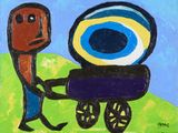 a painting of a man pushing a cart with a large eye on it
