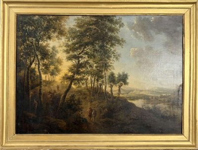 une peinture à l'huile représentant un paysage boisé avec une rivière au premier plan