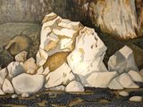 une peinture représentant des rochers et des pierres posés au sol