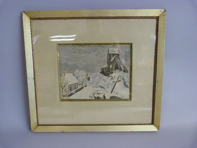 an old picture of a church in the snow in a gold frame