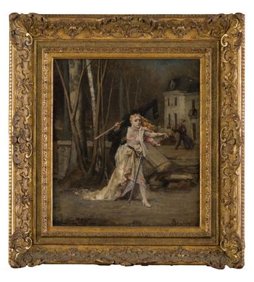 un tableau représentant une femme en robe blanche tenant une épée