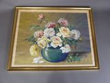 une peinture de fleurs dans un vase bleu sur une table