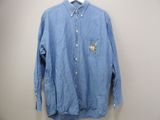 blue button up shirt with a horse embroidered on the chest